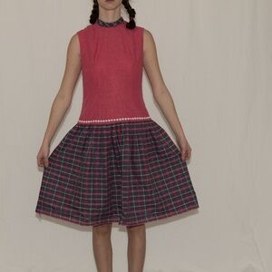 Vintage drop waist pleated dress pink and plaid handmade medium/large